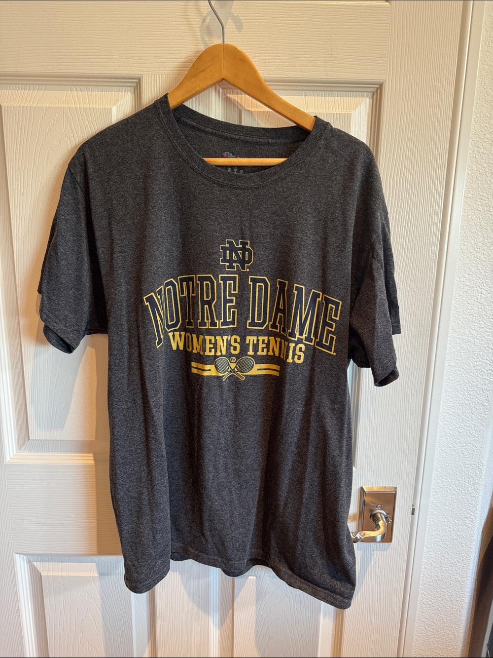 Champion Gray Heather Crewneck Tee with Blue and gold logo. New.